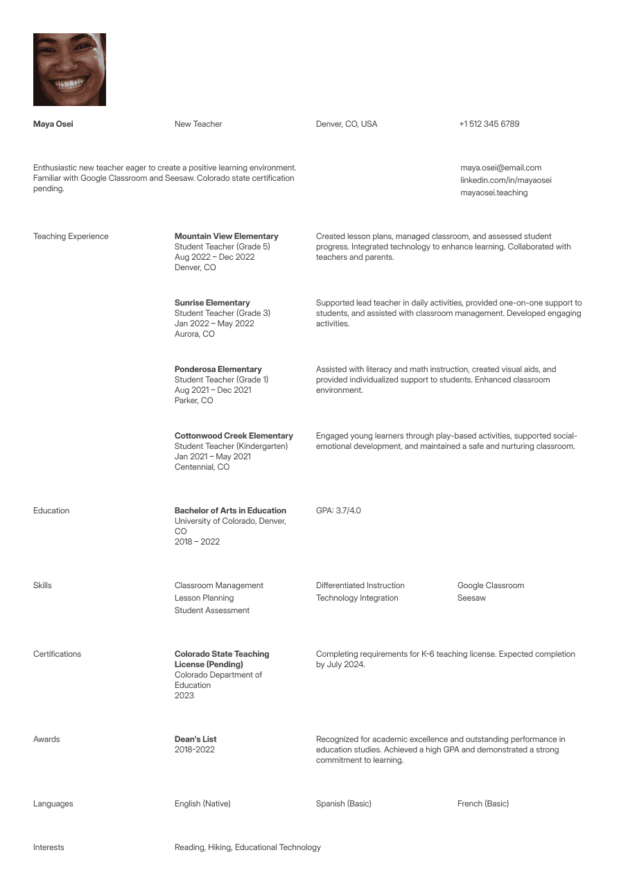 New teacher resume example