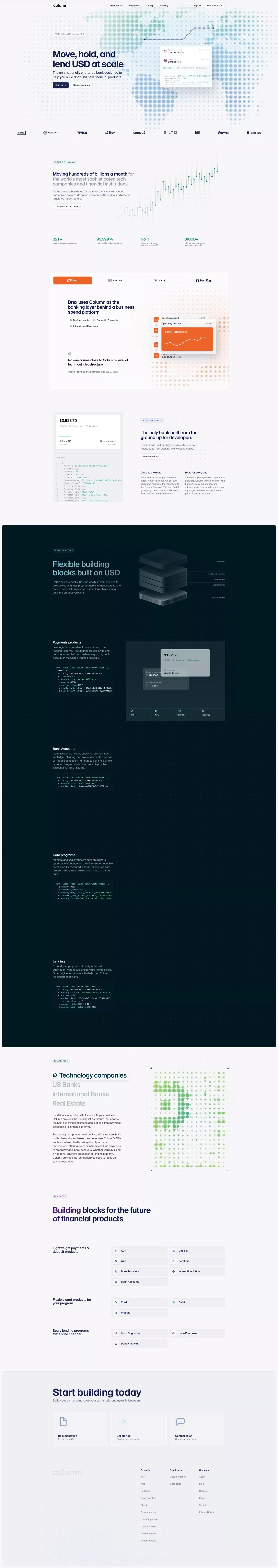 Column landing page screenshot showcasing Finance and Tech design