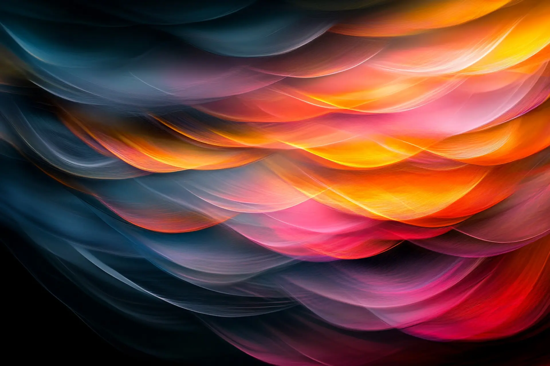Vibrant orange and pink gradient abstract design on a black background.