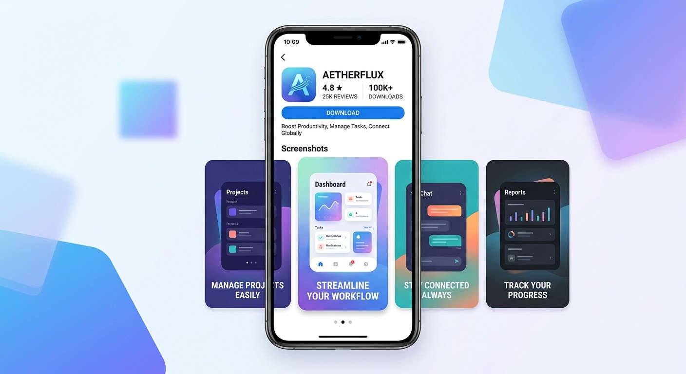 App store listing with polished screenshots in a carousel showing features with benefit captions