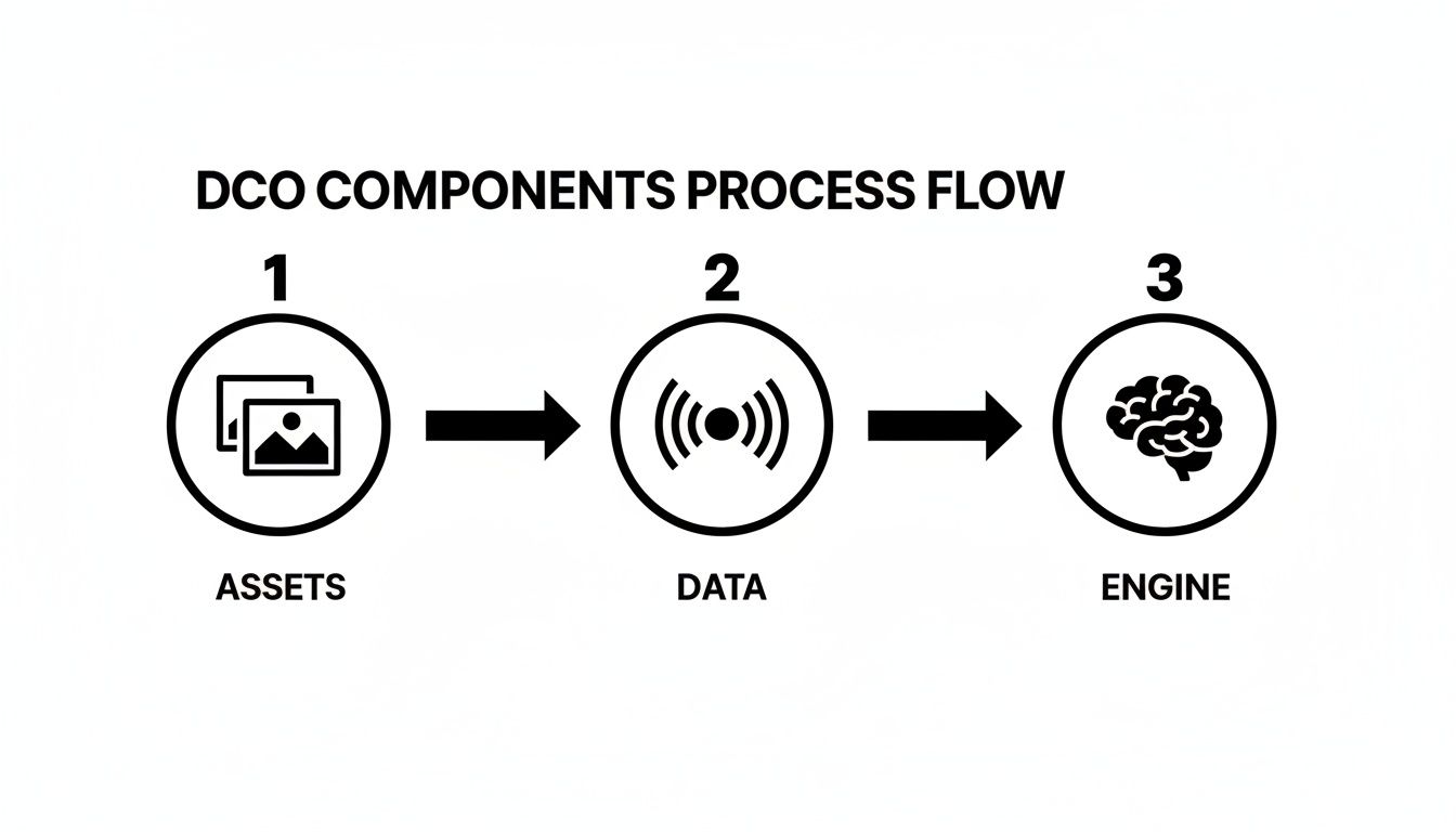 Diagram showing the DCO components process flow: Assets, Data, and Engine, connected by arrows.