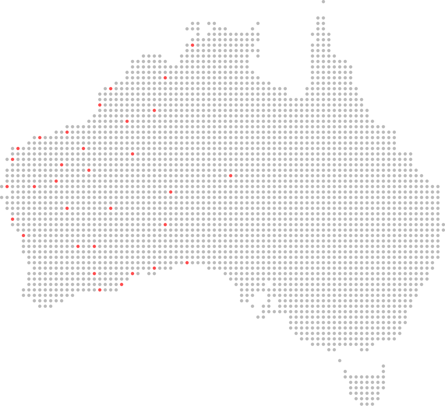 Map of Australia made of small dots, with red dots indicating locations of Powerhouse Renewables Group operations.