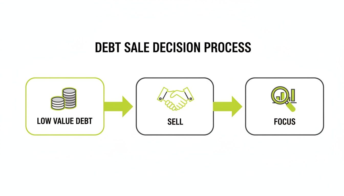 Flowchart illustrating the debt sale decision process, from identifying low value debt to selling and focusing.