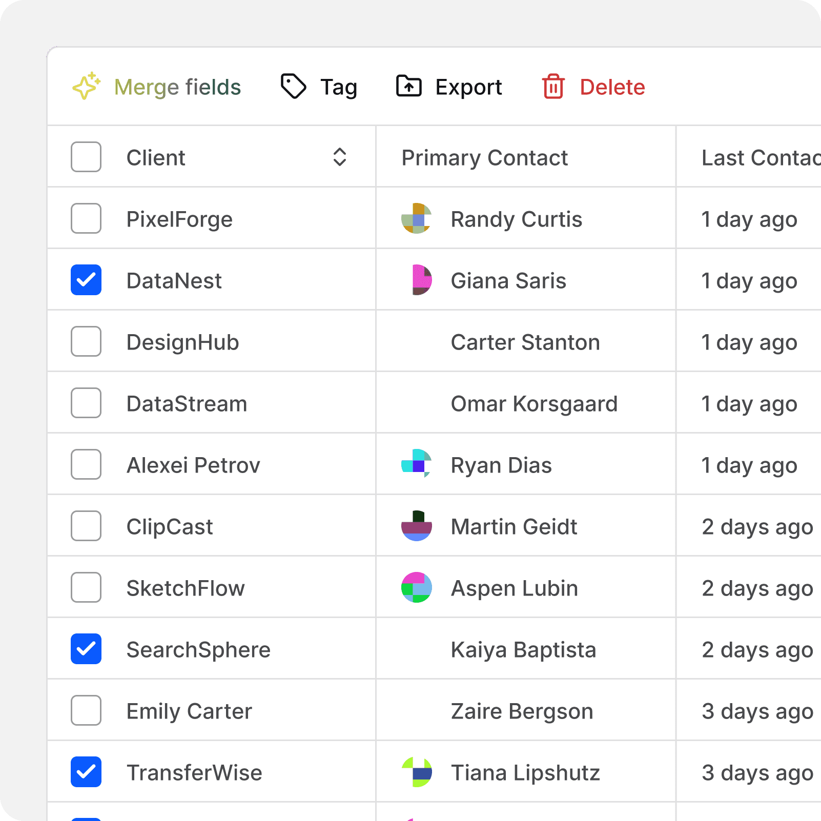 CRM-style table displaying client names, primary contacts with avatars, and last contacted dates, with options to tag, export, or delete.