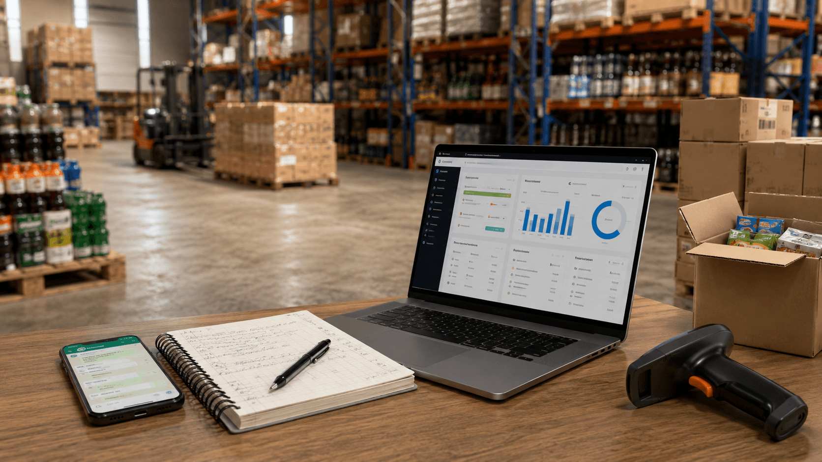 Mesa de operação em uma distribuidora moderna com notebook exibindo dashboard de pedidos, celular com conversa de WhatsApp aberta e caderno com anotações manuais. Ao fundo, estoque industrial organizado com prateleiras altas, pallets e empilhadeira desfocada. Ambiente realista em 3D, iluminação natural e foco na transição do processo manual para a digitalização das vendas.