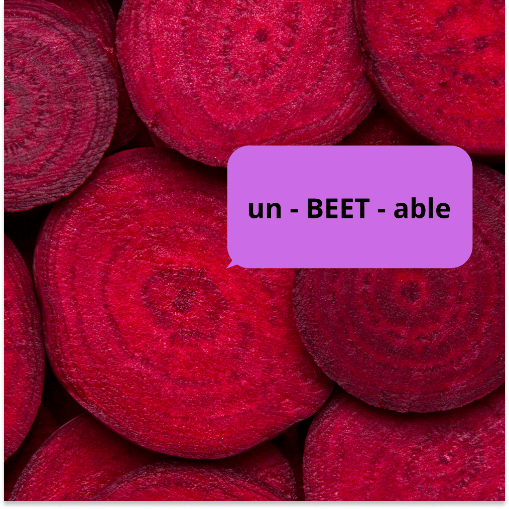 Close-up of beetroot slices with the text 'un-BEET-able,' promoting Fresh to Home’s end-of-year campaign.