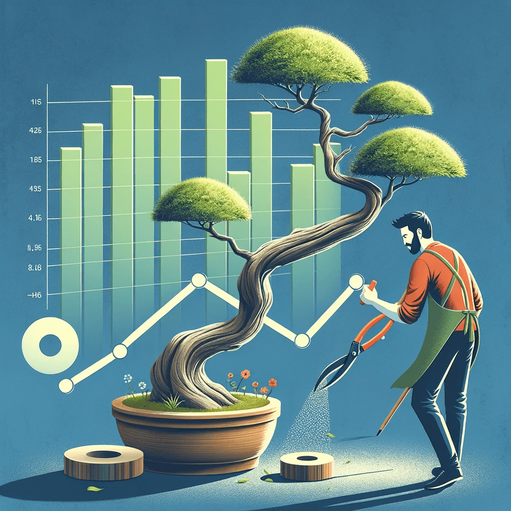 Un jardinier taille un bonsaï, ce qui représente une maintenance minutieuse et une optimisation des roll-up summary fields.