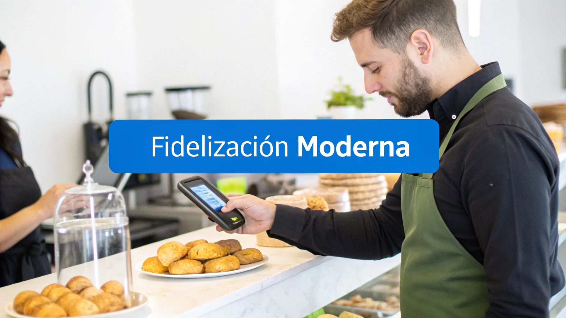 Barista usando un dispositivo móvil para un programa de fidelización moderna en una cafetería, con productos horneados.