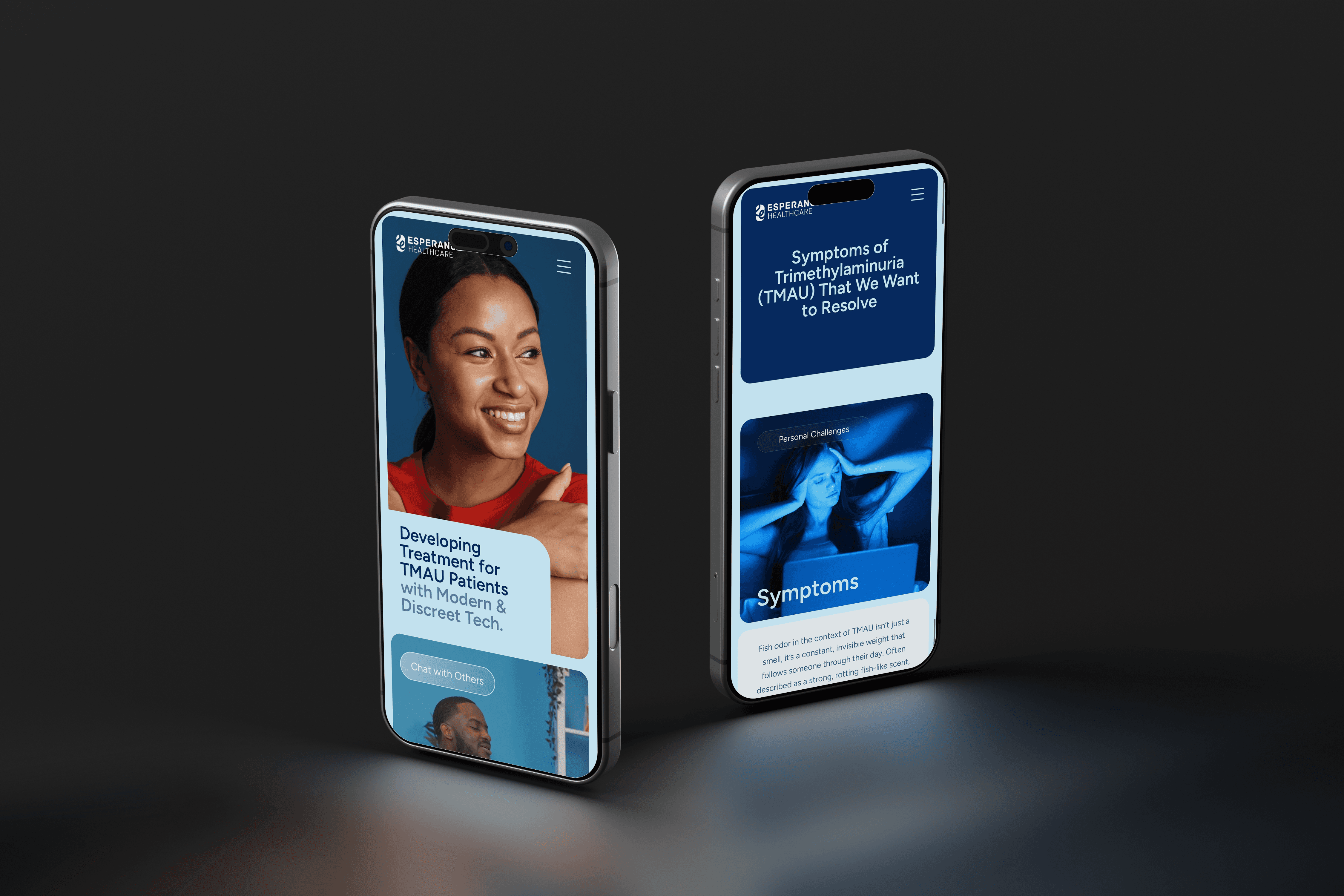 two phones in a dark room displaying a website on different pages