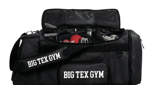Open Big Tex Gym duffel bag packed with boxing gloves and training gear