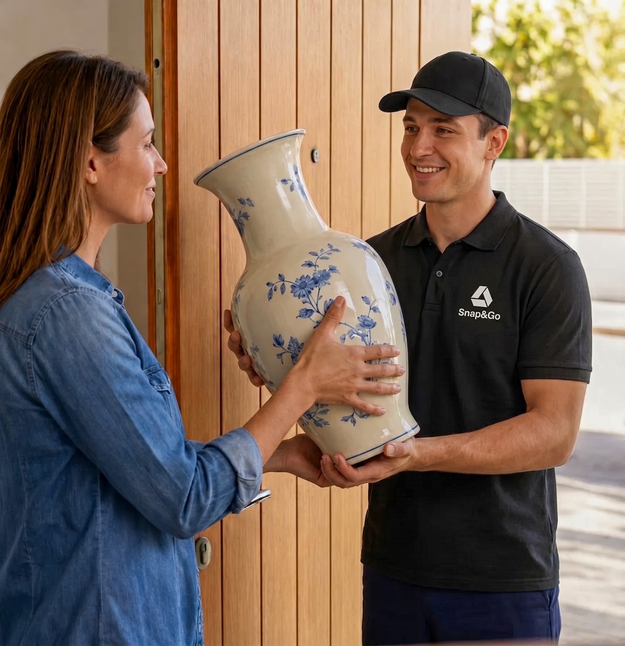 The mytpk delivery driver hands over a fragile vase
