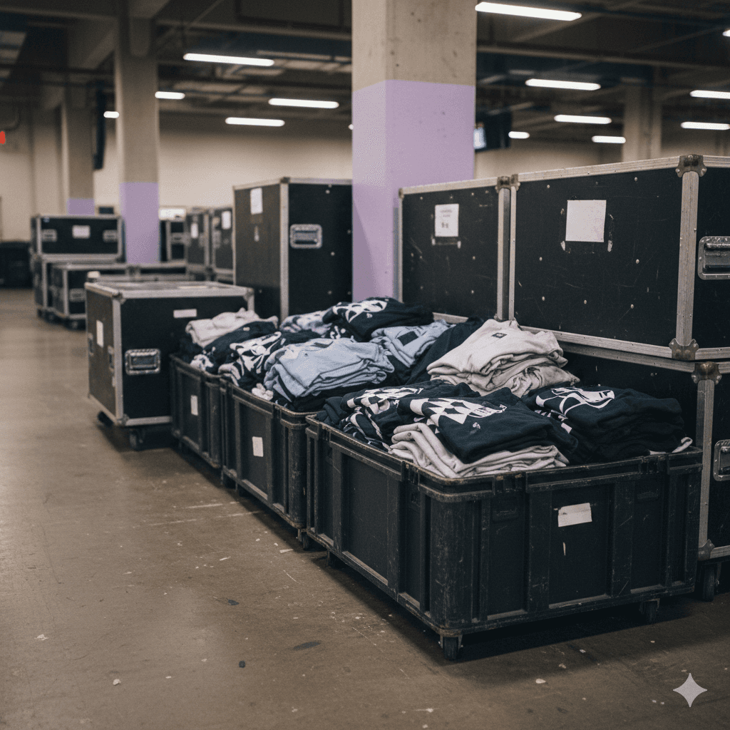 Tour merchandise in boxes during the tour, ready to be sent to the merch stand