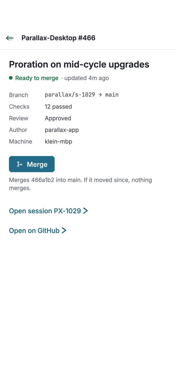 A pull request with its checks and Merge, on the phone