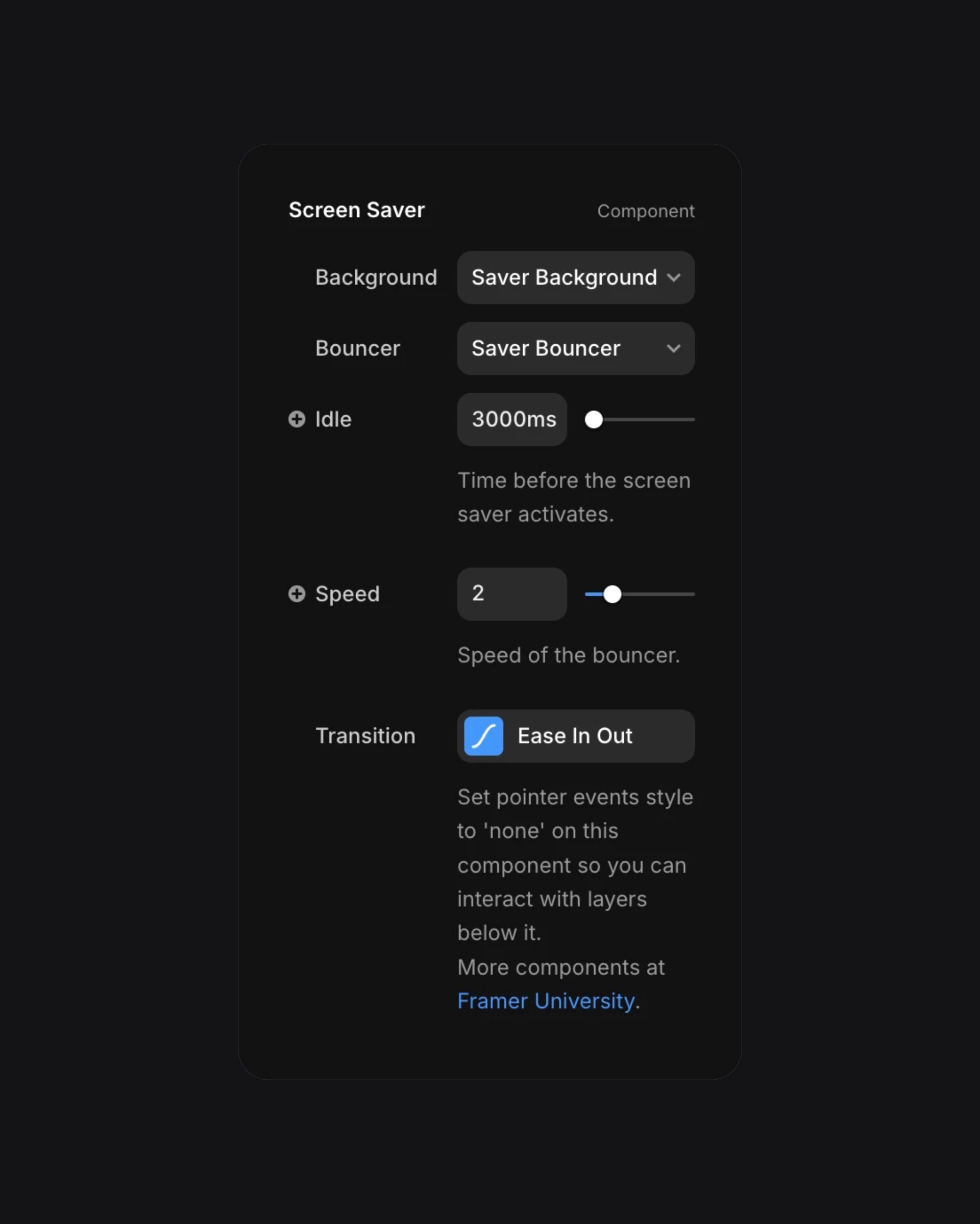 component properties of the screen saver