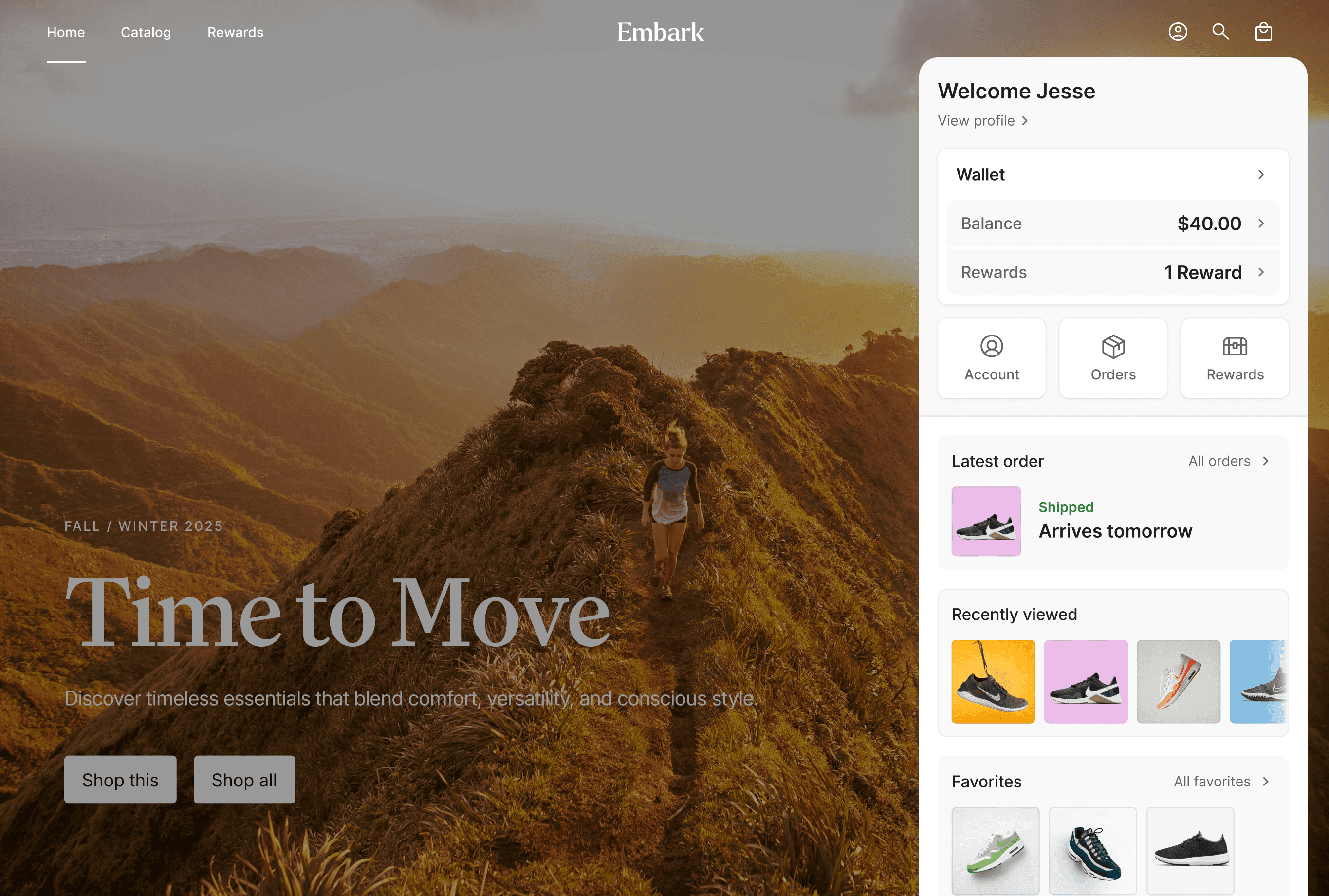 Lantern account menu showing wallet, orders, recently viewed items, and favorites