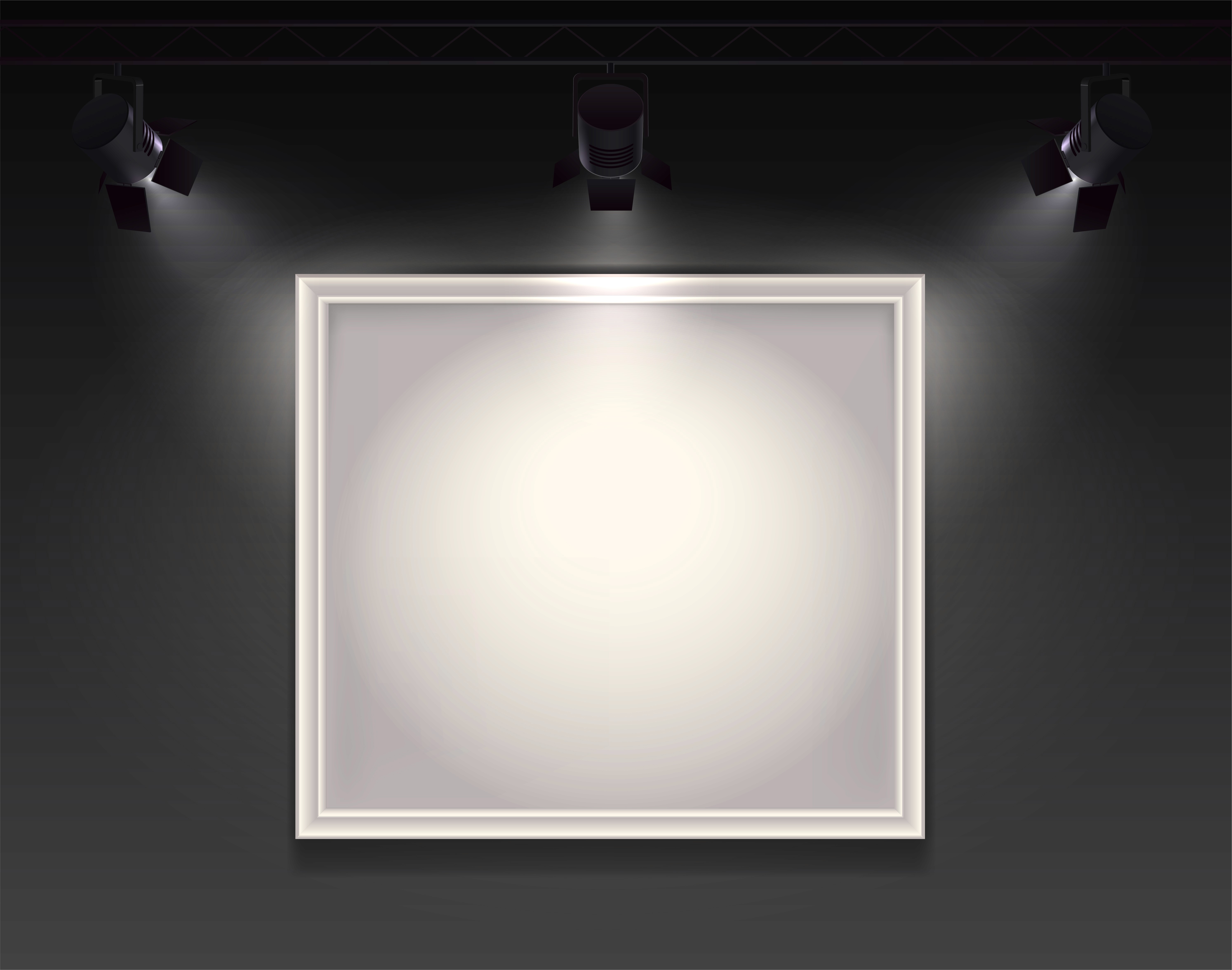 Blank canvas art gallery spotlight display.