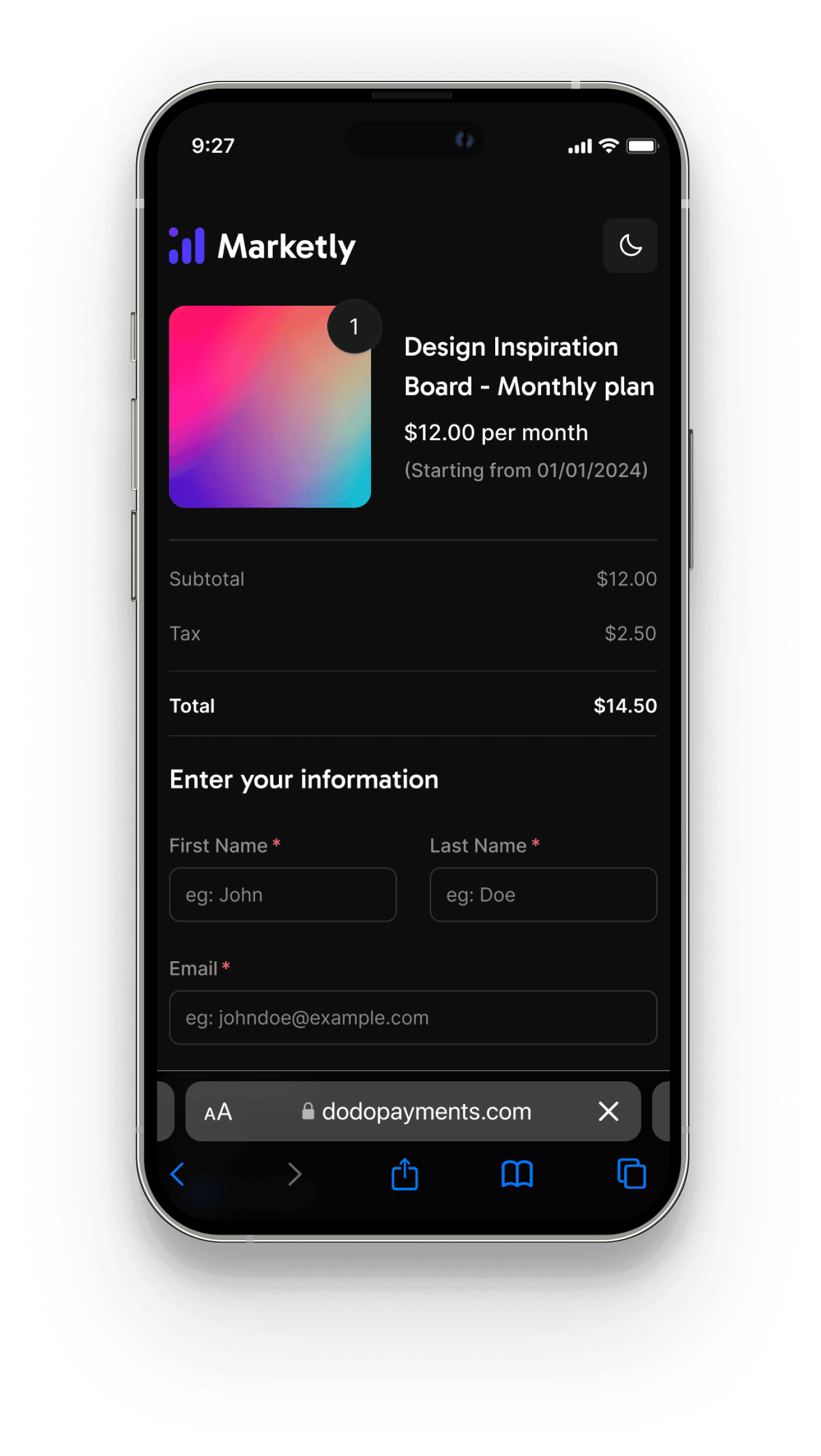 Mobile mockup which shows the Dodo Payments checkout page on mobile