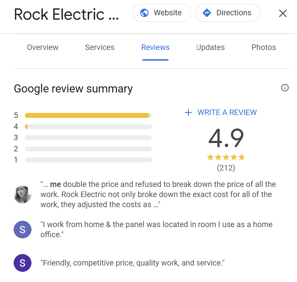 Google reviews of an electrical contractor