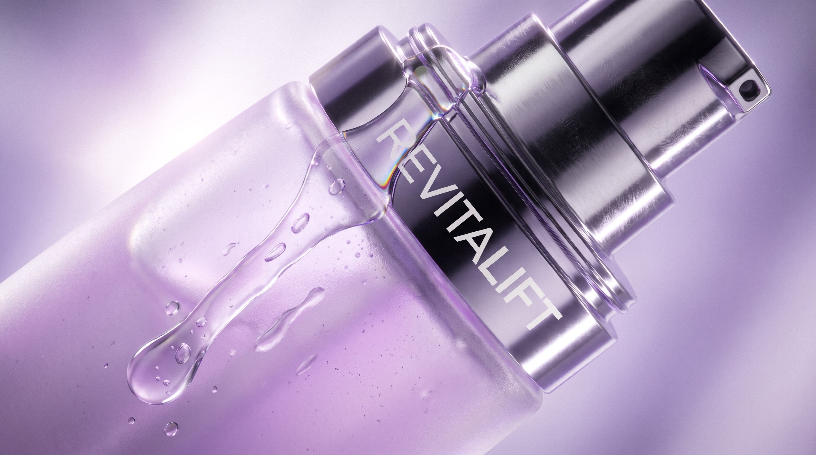 AI-generated macro product photography of a L'Oréal Revitalift serum bottle and dropper applicator, clear gel dripping from the tip, chrome cap details, on a lavender-purple gradient background