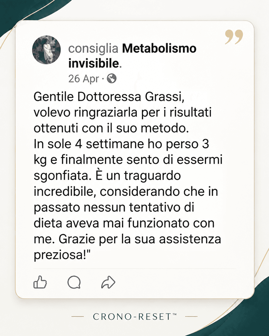 Screenshot di testimonianza originale sul percorso CRONO-RESET™
