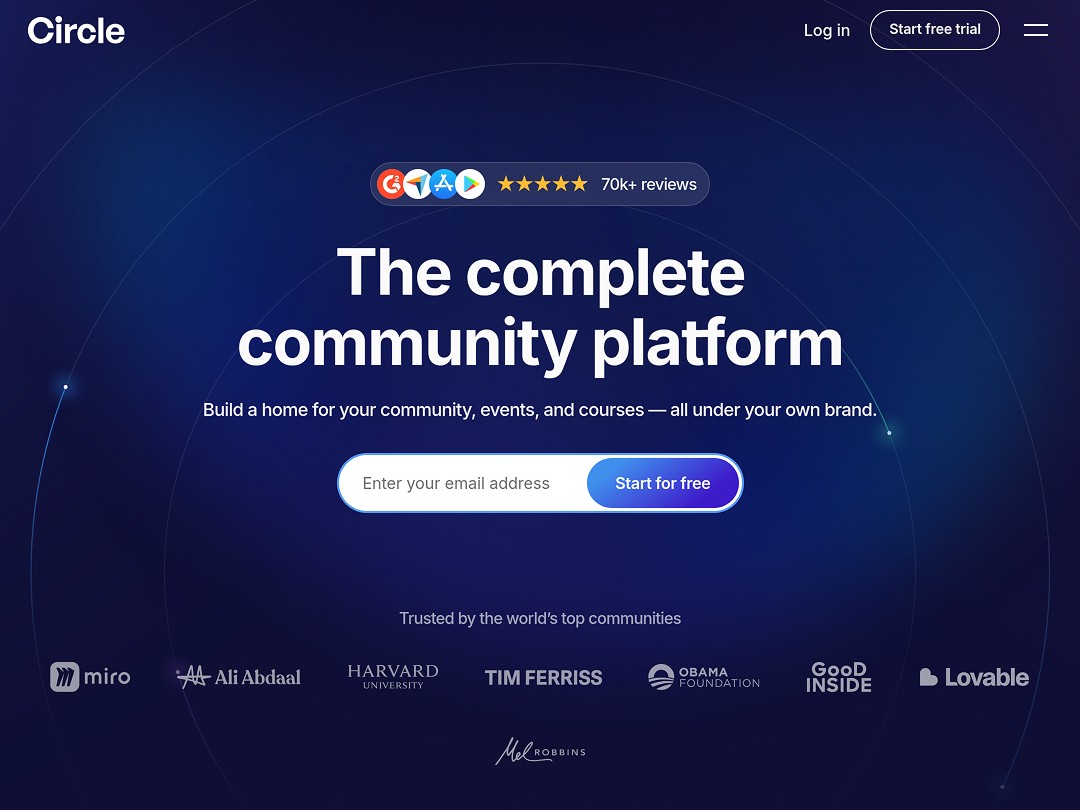A dark blue-themed webpage highlights a community platform with a prominent call-to-action button for starting a free trial, showcasing trust badges from well-known organizations like Harvard University and GoOD INSIDE, emphasizing its role as a versatile "nocode builder" for communities.