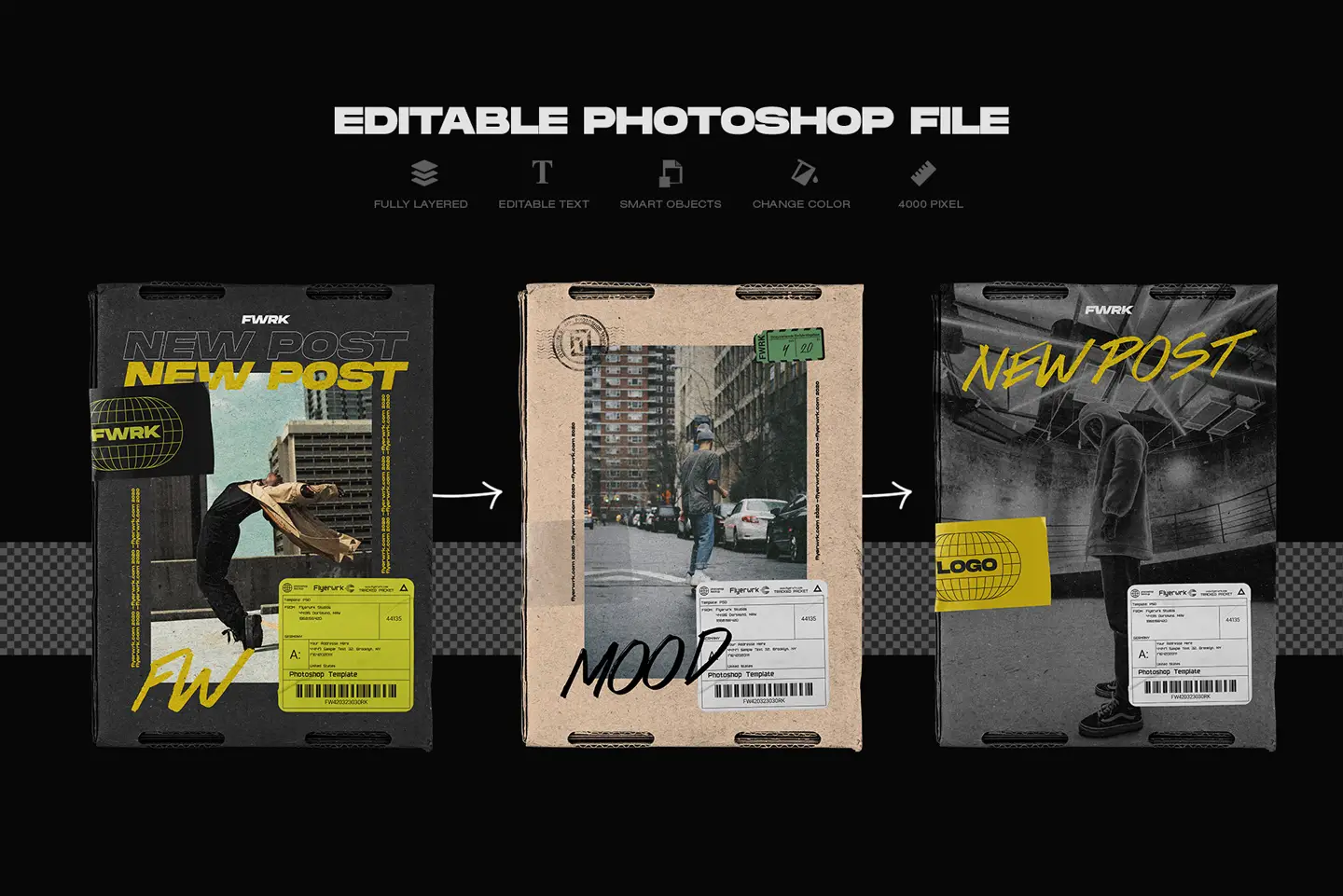 Carton box delivery mockups editable Photoshop PSD with smart objects and layered design