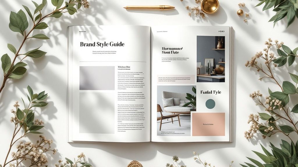 Open brand style guide magazine laid on a white surface with natural lighting, surrounded by decorative greenery and gold accessories, featuring typography, color palettes, and interior-inspired mood board elements