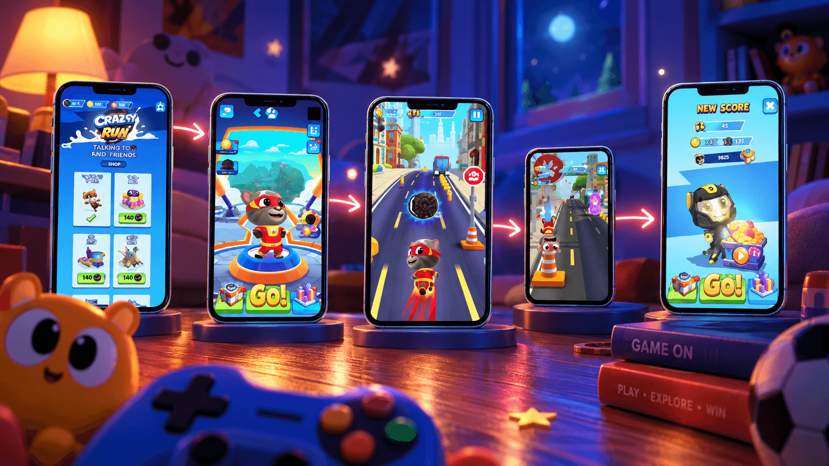 A collection of mobile gameplay screens showing players collecting branded tokens and exchanging them for rewards.
