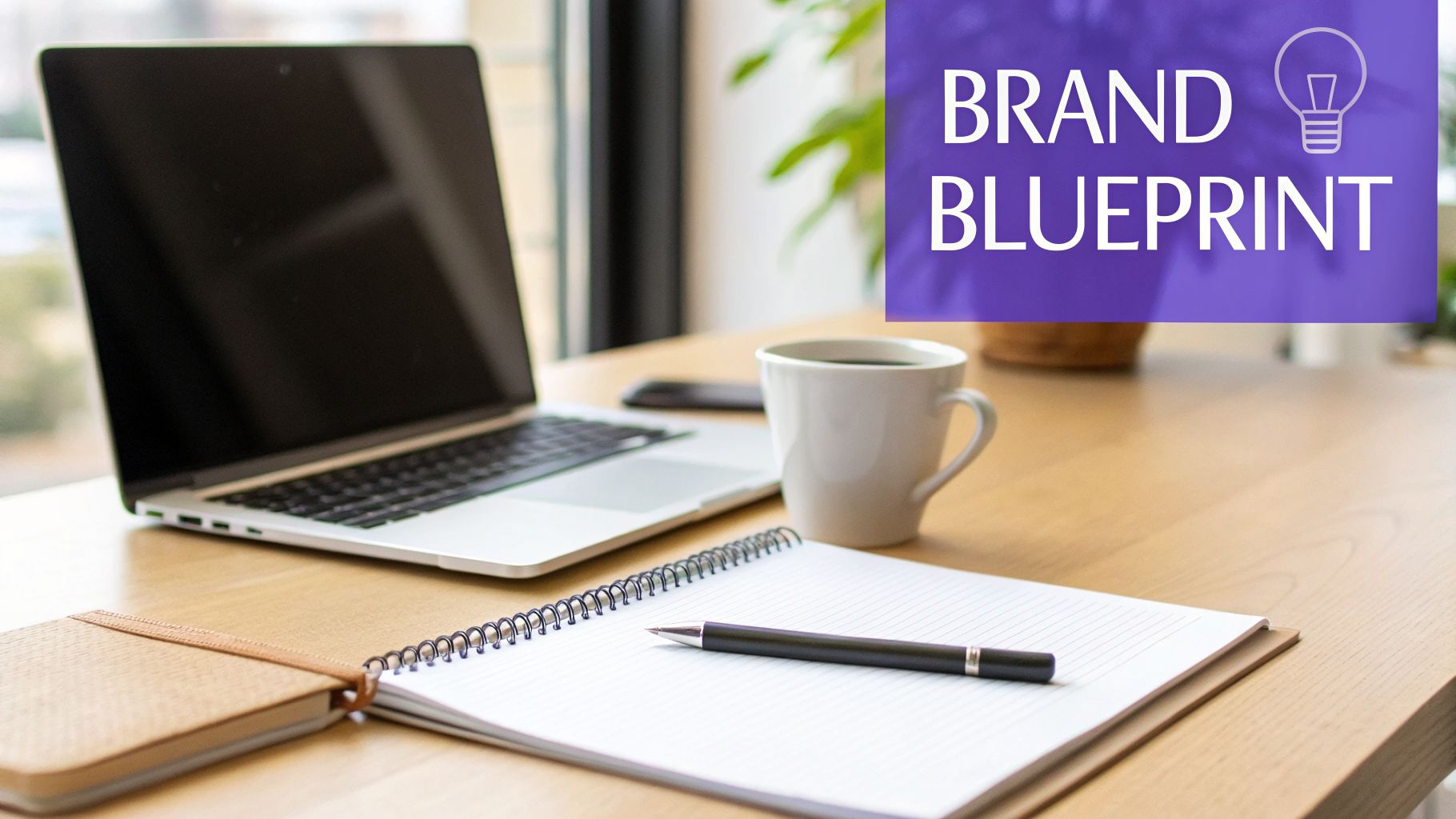 A neatly arranged workspace with a laptop, coffee mug, open notebook, and pen, featuring 'BRAND BLUEPRINT' text.
