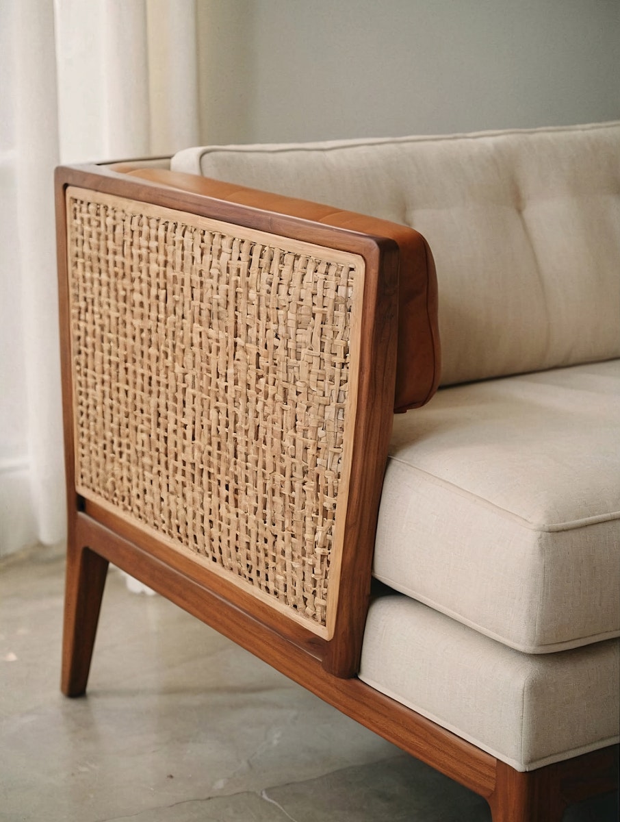A chill living room with a green couch and mahagony cofee table