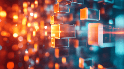 Glowing digital blocks forming a network, representing connected hardware and digital systems.