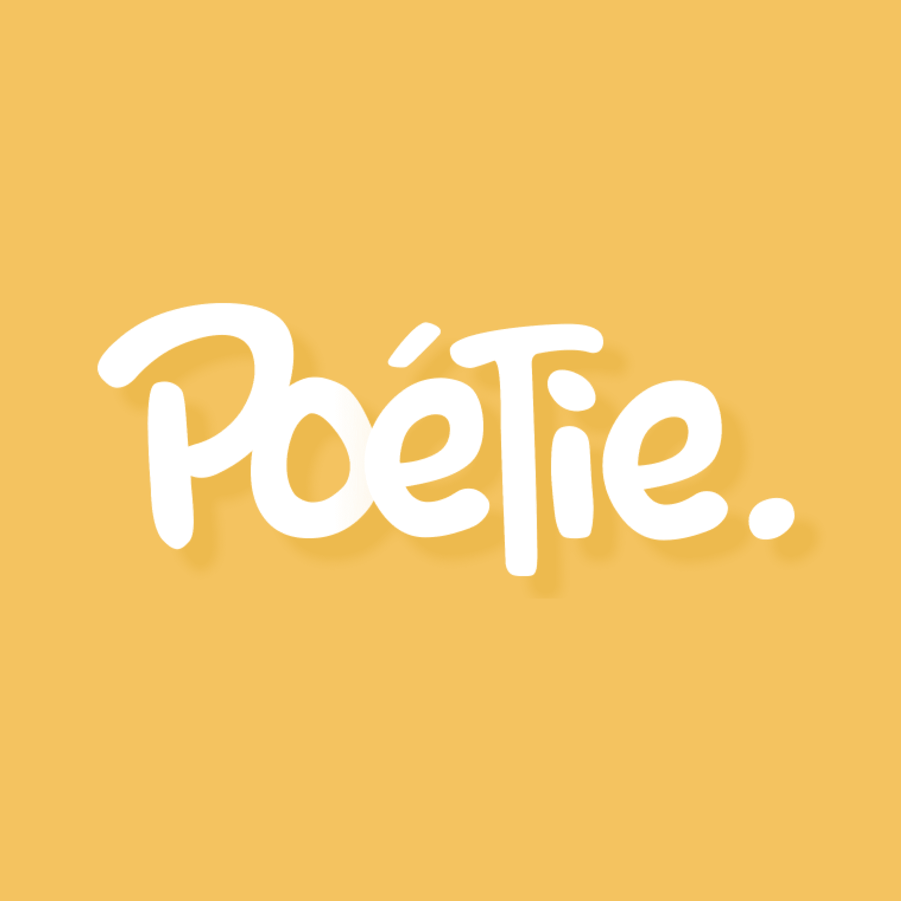 Logo avec le mot “Poétie” en lettres blanches stylisées, suivi d’un point, sur un fond jaune uni.