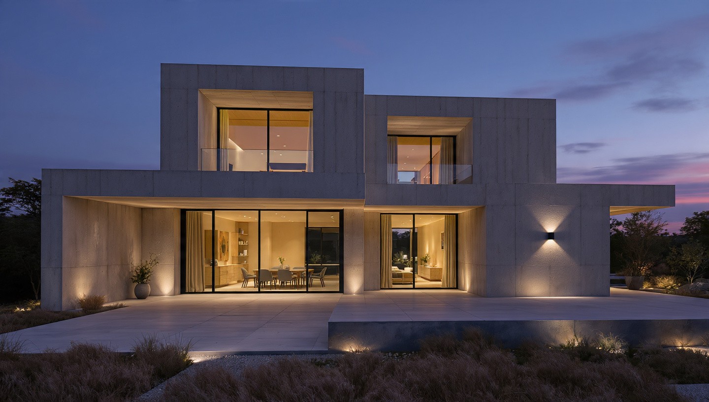 Modern house with large windows and warm interior lights, set against a twilight sky. Sleek, minimalistic design with a serene ambiance.
