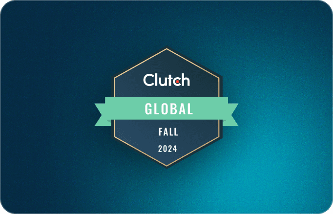A dark hexagonal badge with a green ribbon reads ‘Clutch Global Fall 2024’ on a blue gradient background.
