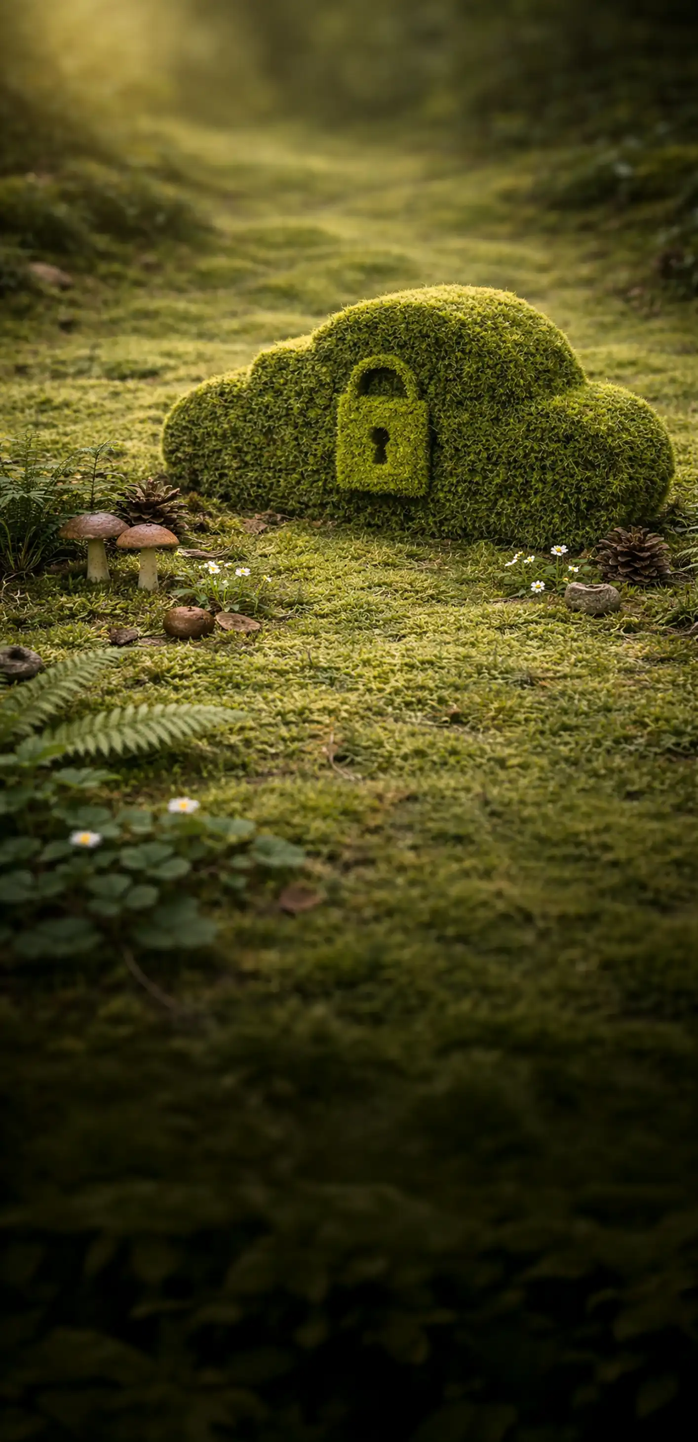 Symbolische moosbedeckte Wolke mit Schloss auf einem Waldboden als Sinnbild für Schutz und Sicherheit.