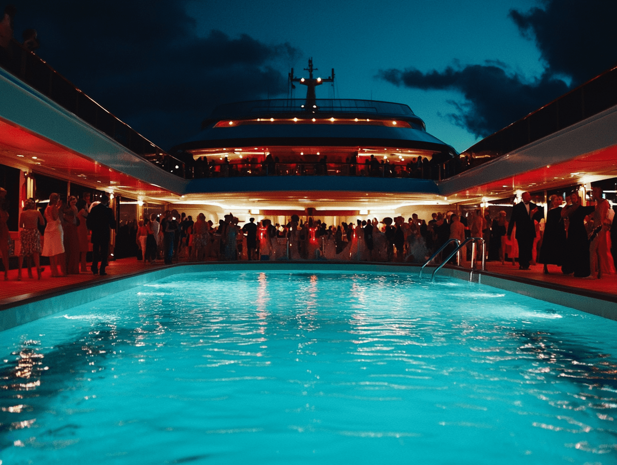 A group of people are enjoying a sunset at a pool party on a cruise ship.