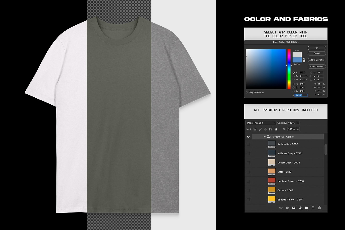 Stanley Stella Creator T-Shirt Hanging mockup fabric color options with Photoshop controls