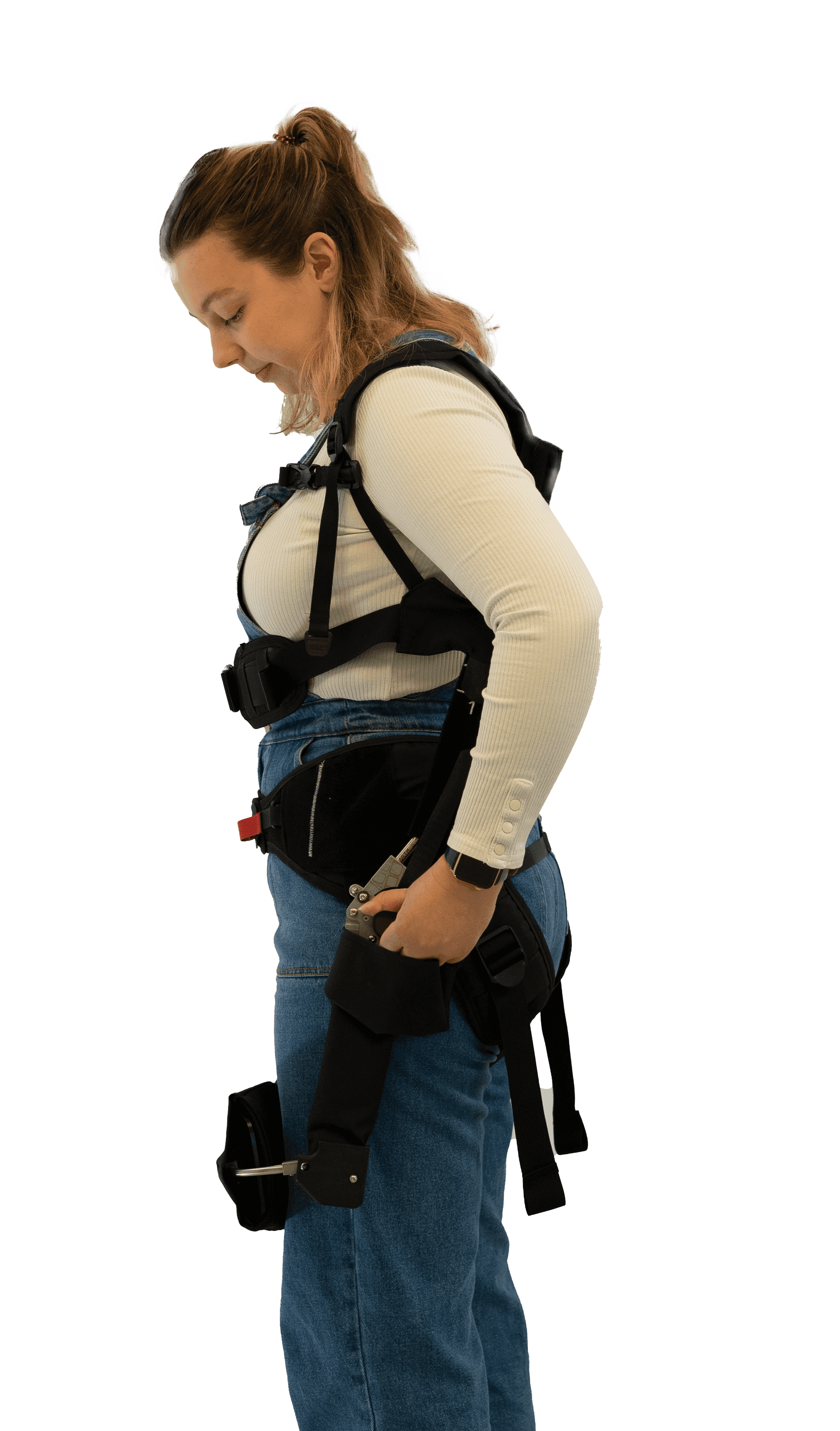 Wave exoskeleton, seen from the side, designed to support the back when lifting repetitive loads.