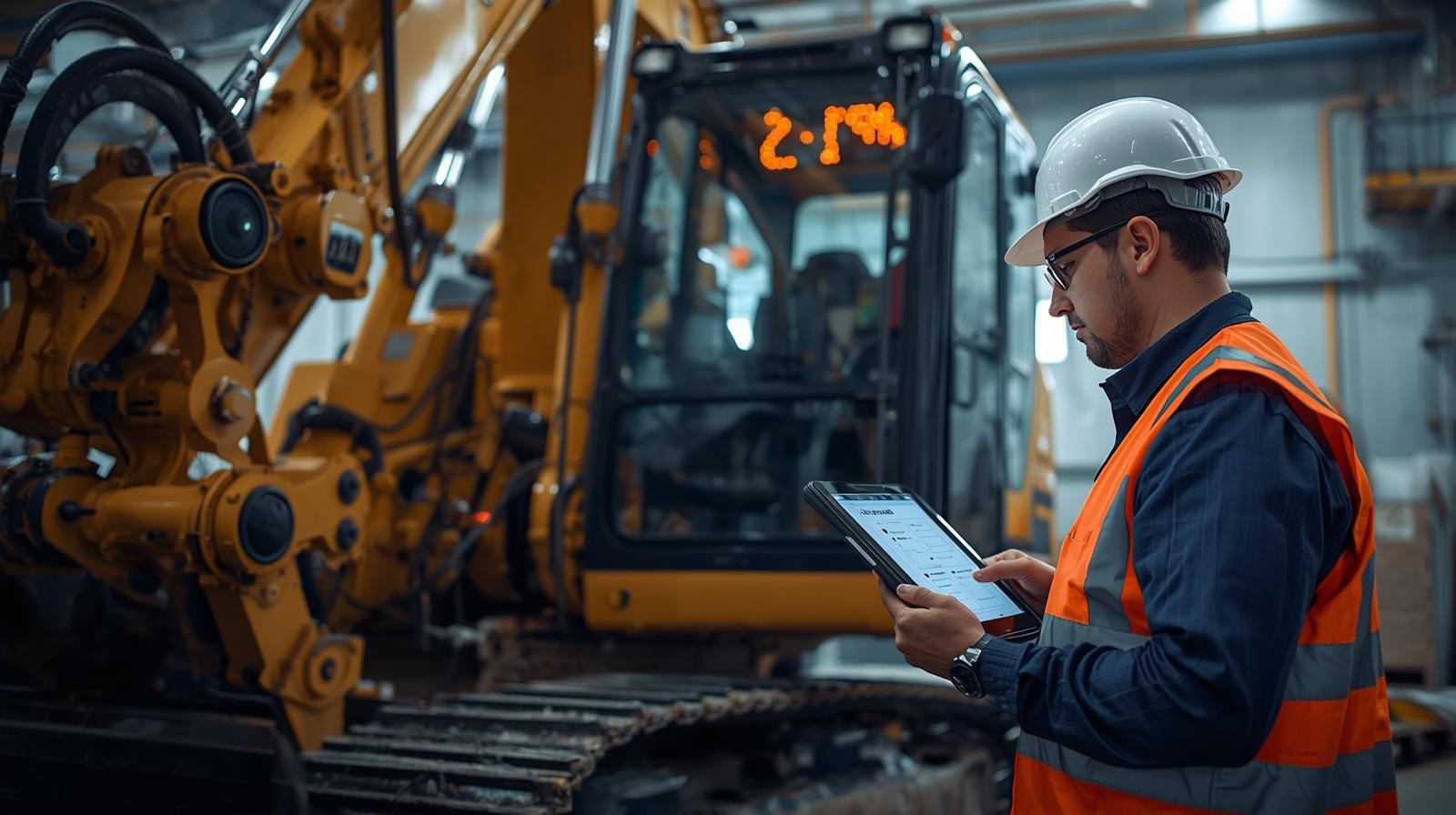 Technician performing maintenance inspection on heavy equipment at a job site.