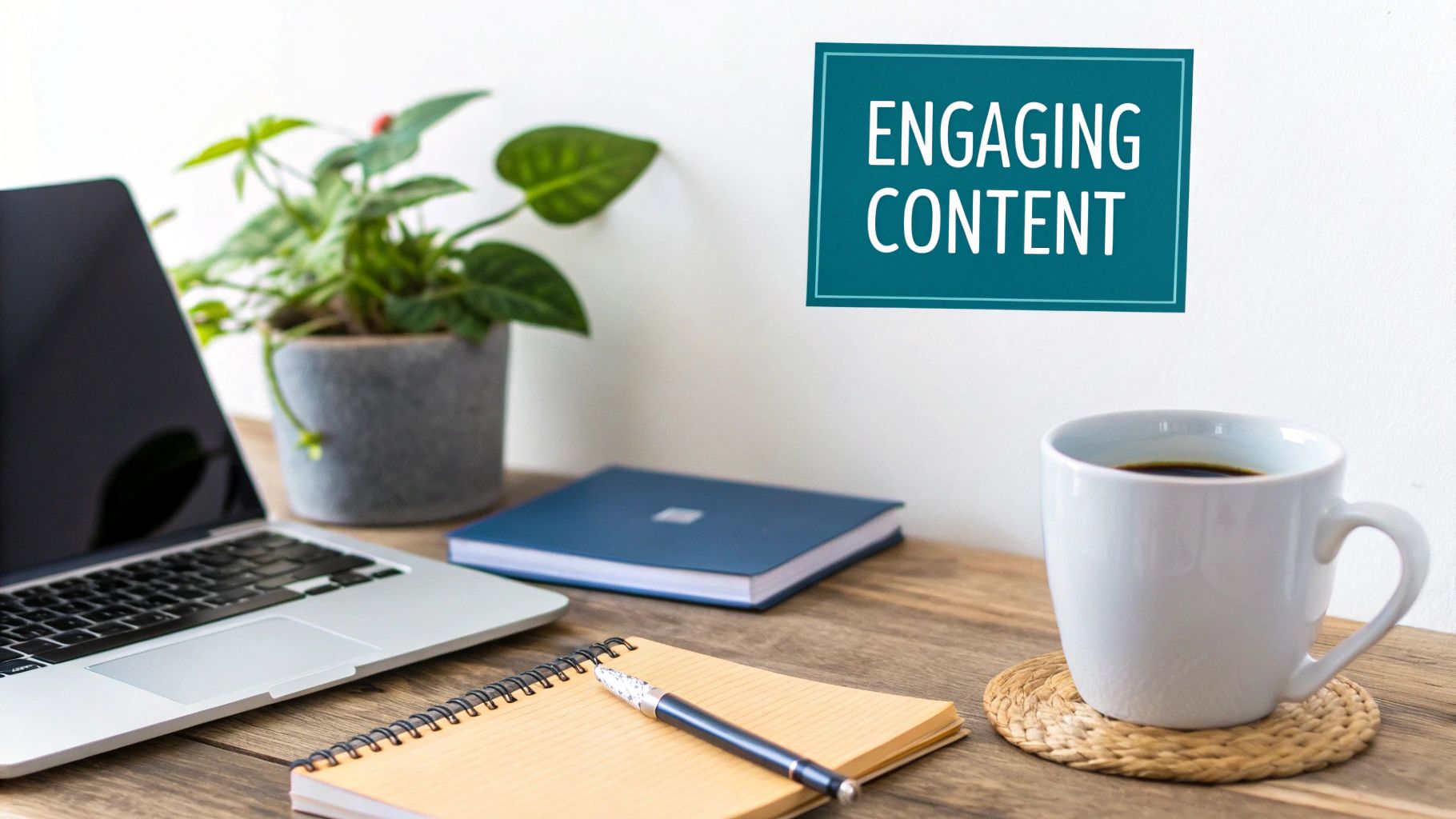 A person sitting at a desk with a laptop, brainstorming content ideas for LinkedIn, with sticky notes and a cup of coffee nearby.