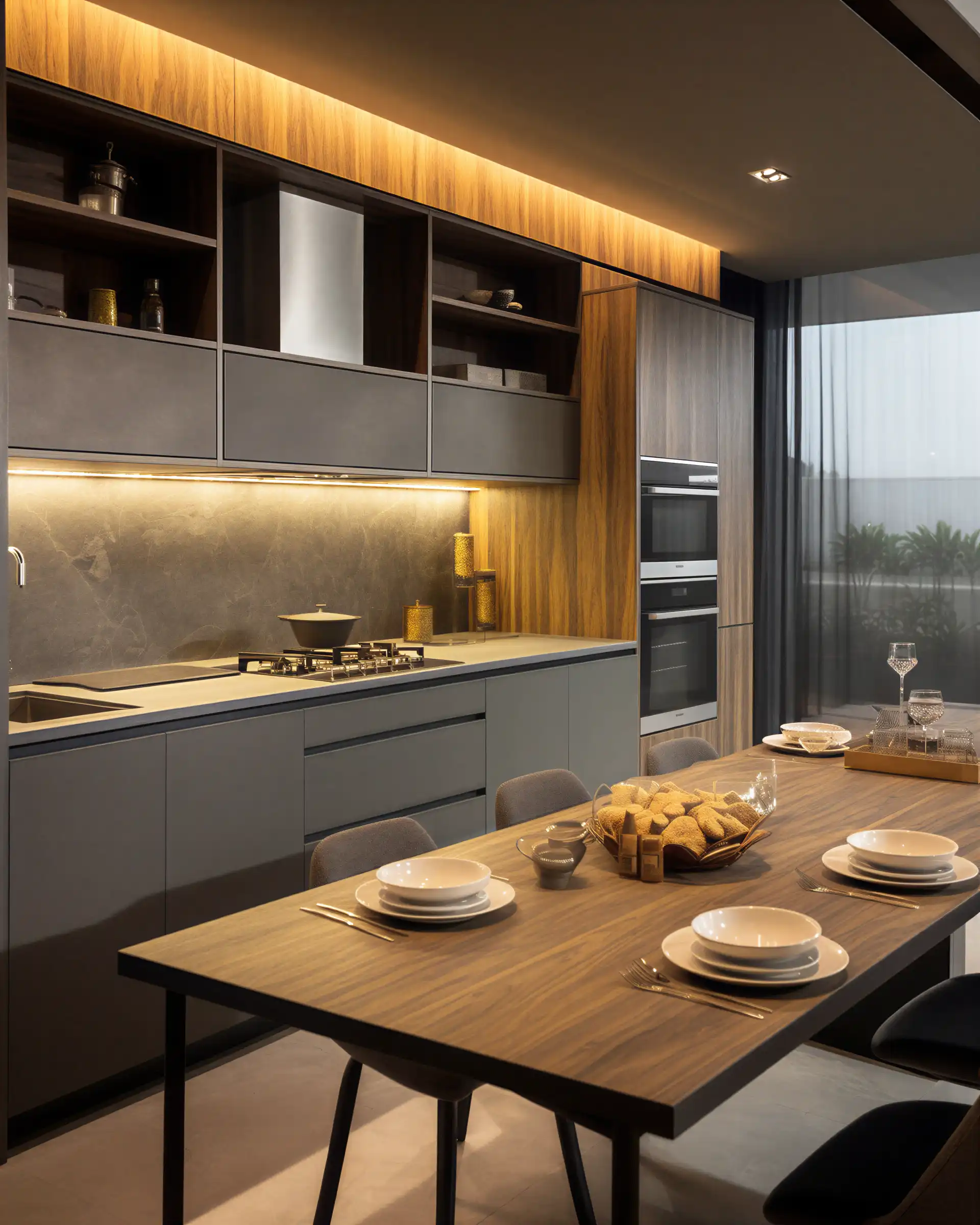 Open kitchen layout with clean surfaces and minimal design