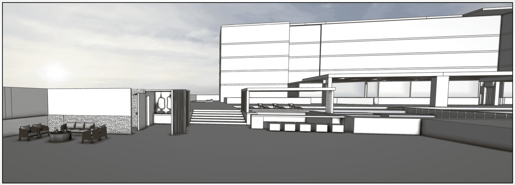 3D render of luxury hotel pool bar and sun deck with louvered pergola structures — Tasia Maris Beach Hotel and Spa by topos Design Studio Ayia Napa