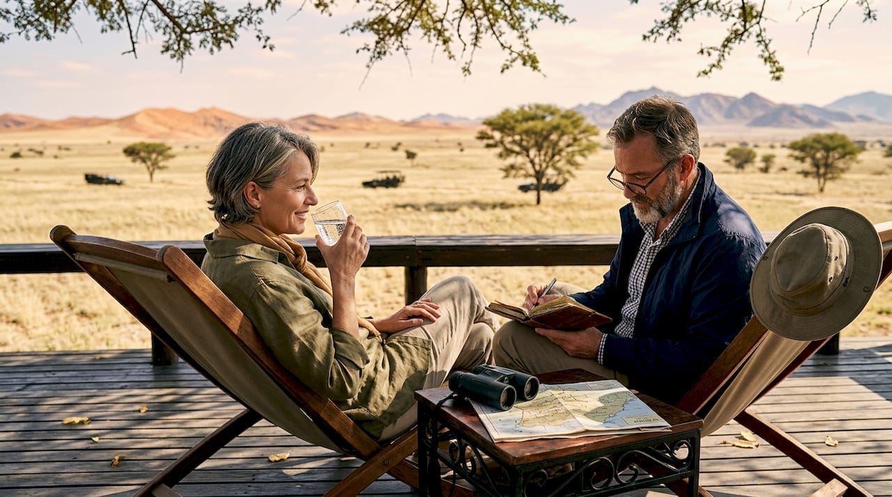 Travelers relaxing on luxury safari lodge deck