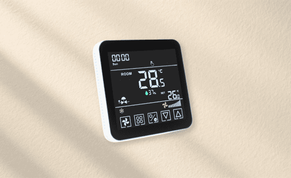 Control preciso de temperatura mediante termostato inteligente para fancoils, válvulas de zona y sistemas HVAC.