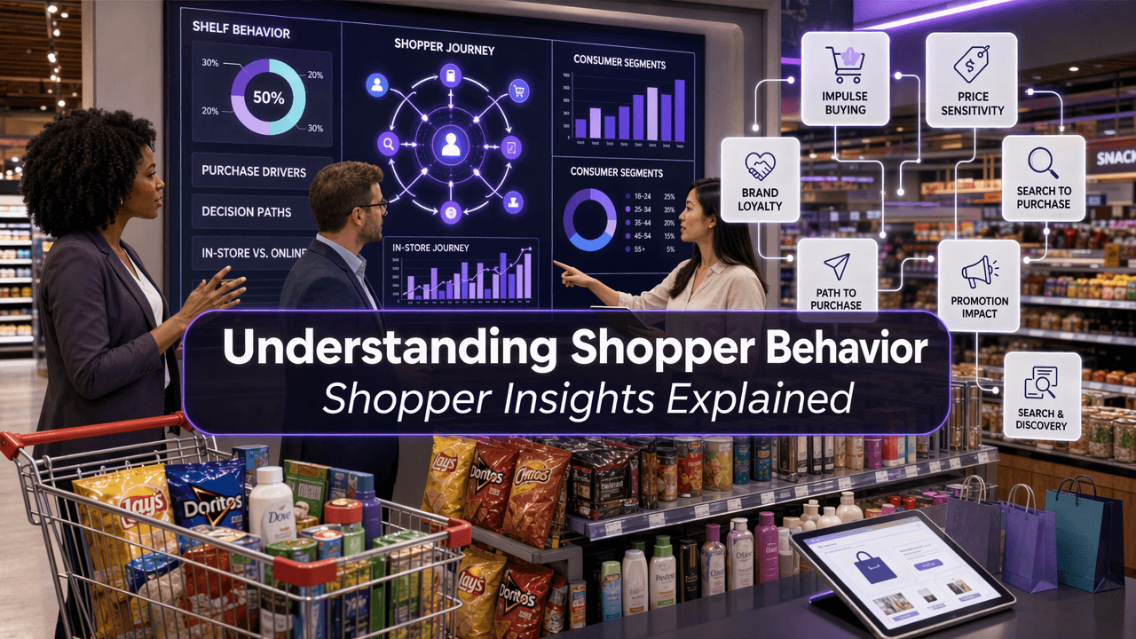 Retail team reviewing a digital shopper insights dashboard in a store, with charts on shelf behavior, shopper journey, consumer segments, and purchase drivers alongside labels like impulse buying, price sensitivity, and path to purchase.