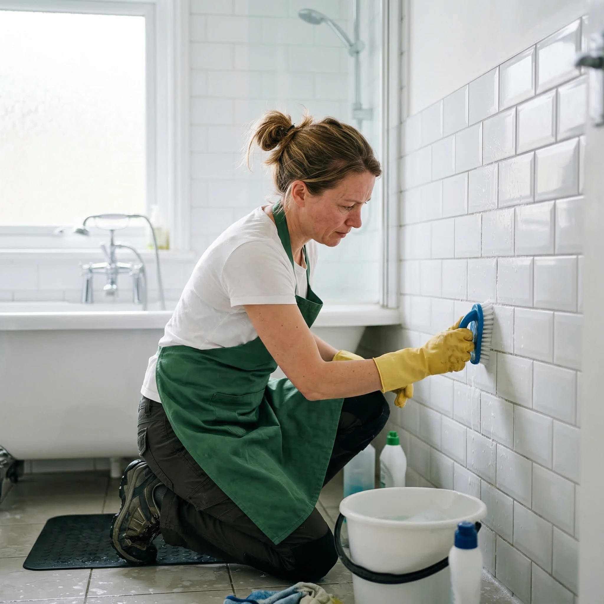 Woman in green apron scrubbing bathroom tiles on hands and knees.
