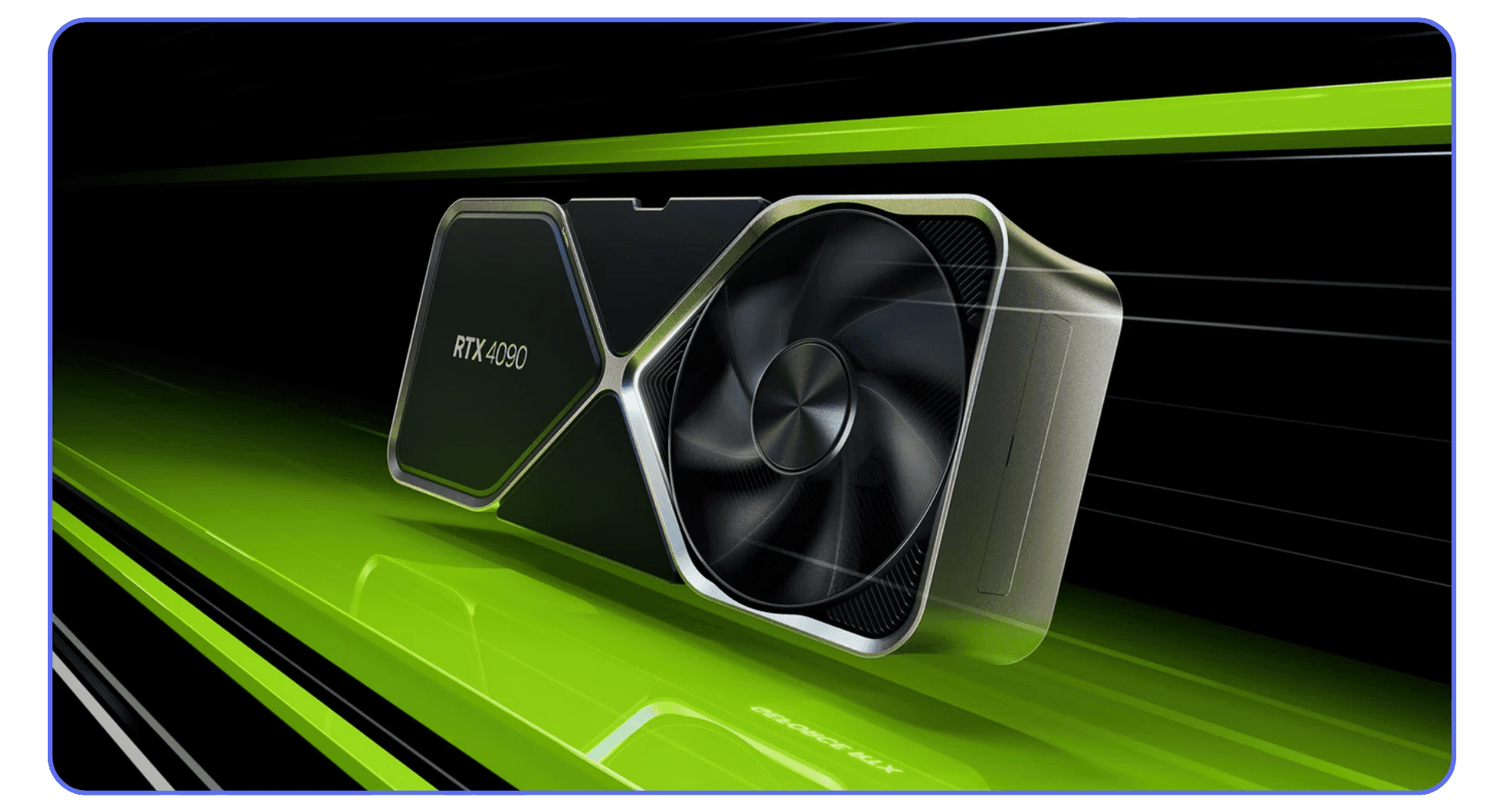 Close-up of an NVIDIA RTX 4090 graphics card, illustrating high-end GPU performance for AI video enhancement and 4K upscaling.
