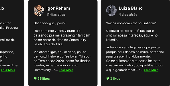 Três blocos de texto em um fundo escuro, cada um apresentando diferentes títulos e descrições relacionadas a um tópico.