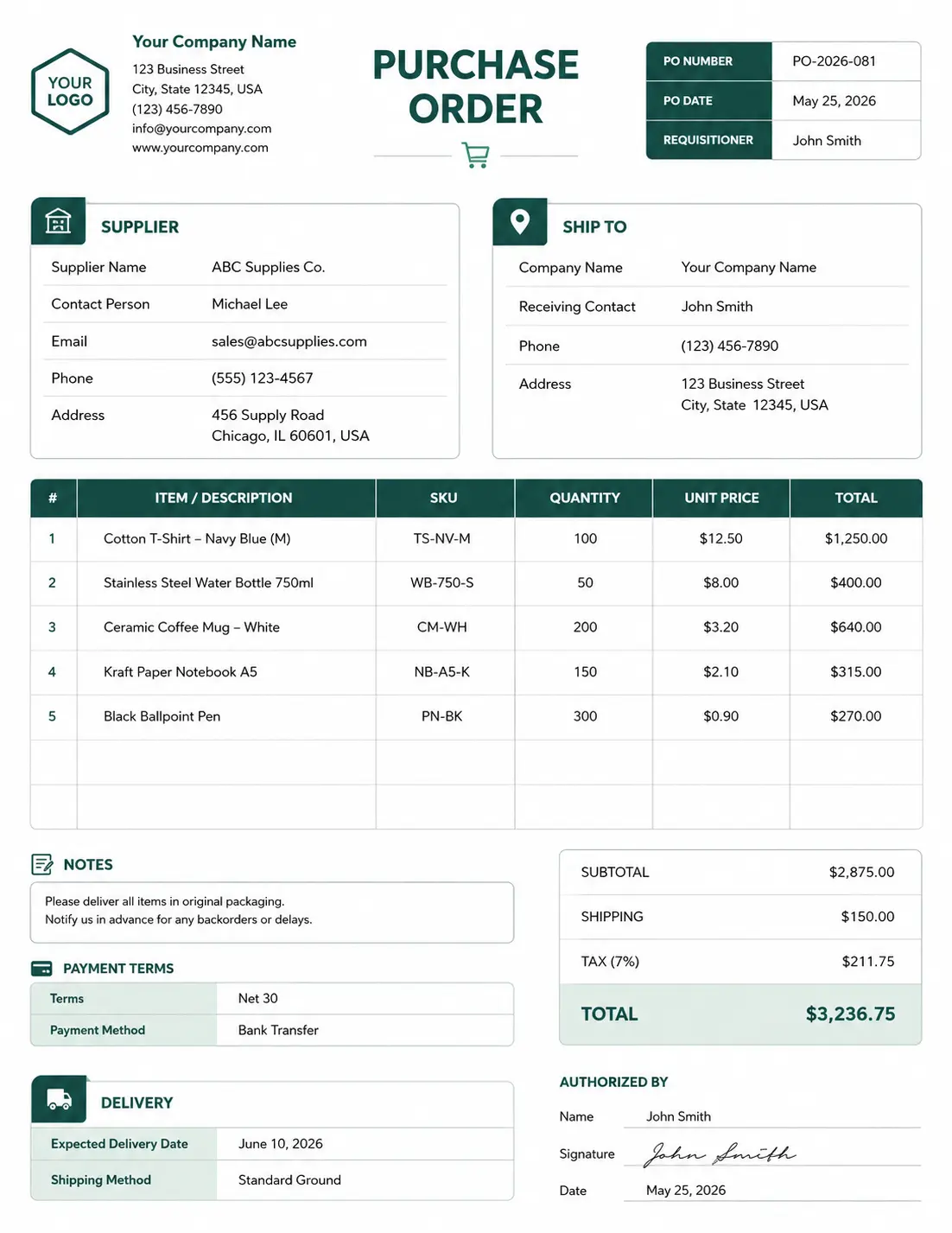 Shopify - Standard purchase order template