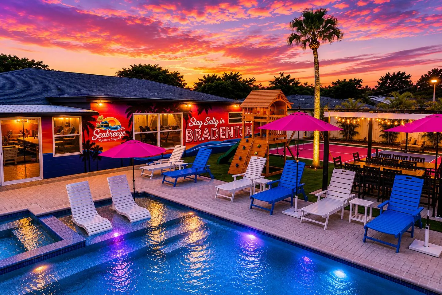 Pool lit at twilight with “Stay Salty in Bradenton” mural and dramatic sunset at Salty House, Bradenton, Florida